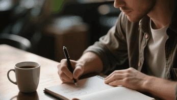 A person sitting at a desk with a notebook