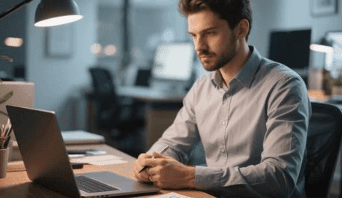 A focused person at a desk with a checklist and a laptop