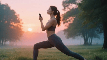 Woman stretching outdoors in the morning after digital break.