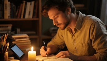 Man journaling peacefully during digital detox.