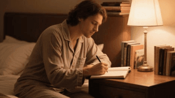 Person writing in a notebook on a bedside table during evening reflection.